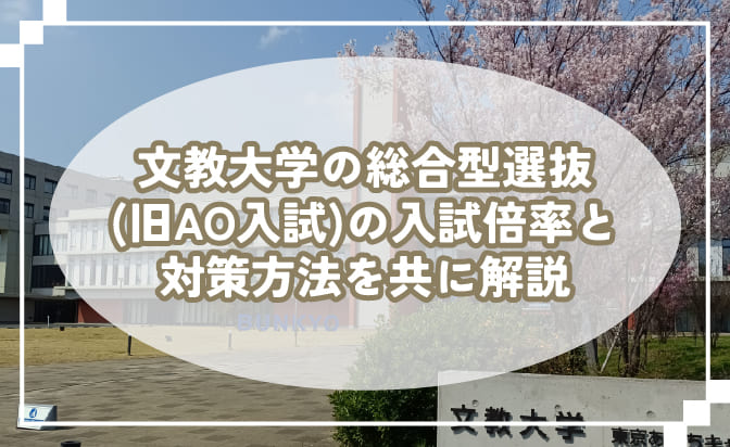 Hero image showing a campus scene with blooming cherry trees and a white oval overlay containing Japanese title about Bunkyō University entrance exam